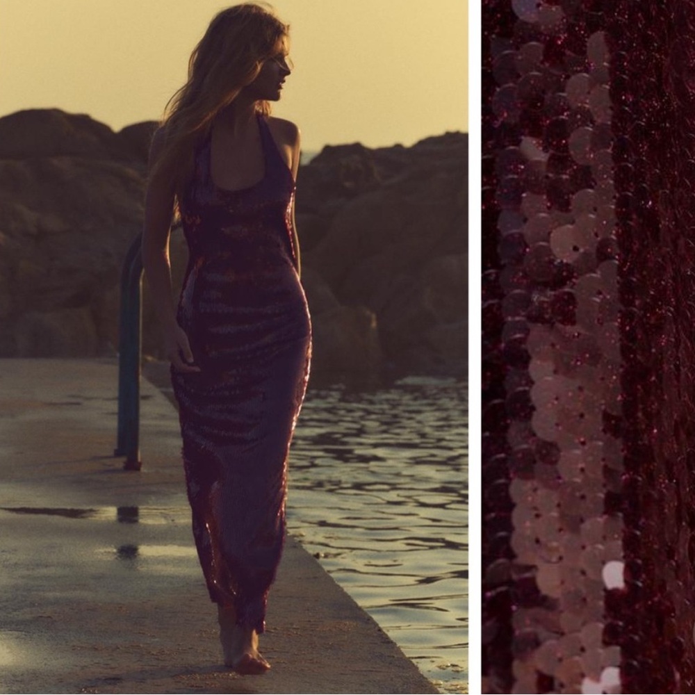Zara Backless Sequin Maxi Dress in Deep Burgundy
